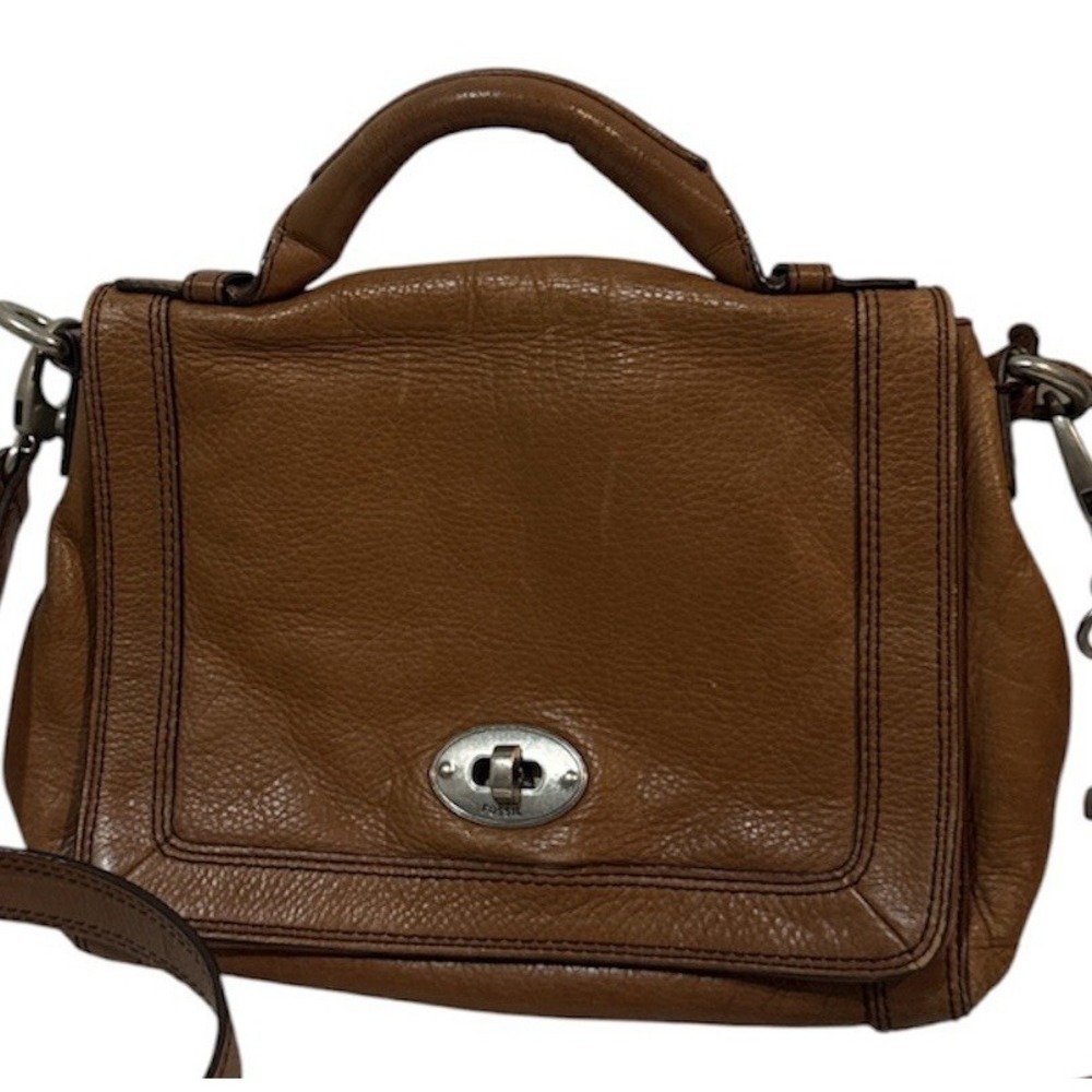 Vintage Fossil Leather Messenger satchel handbag Key Charm Brown twist-lock